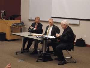 Dr. Michael Waldstein, Mr. Anthony Valle, and Fr. Matthew Lamb preparing to speak on the legacy of Pope Emeritus, His Holiness Benedict XVI 